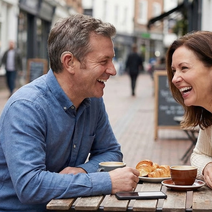Man and women catching up over breakfast